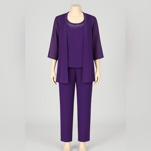C.O.C. Women’s 3-Piece Pant Suit Purple Sheer Jacket Tank Pants Beaded Size L US